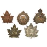 5 CEF infantry cap badges : 159th, 161st, 163rd, 166th and 170th (170A, lugs missing). GC Part I