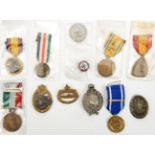 2 WWII Axis Italian medals, a 3rd Reich Party badge; French medals for WWII; Belgian WWI medal