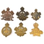 6 CEF cap badges: Forestry Bn (lugs missing) and similar collar (1 double blade missing), 12th