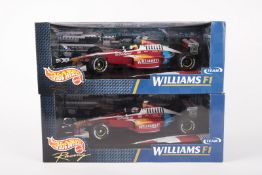 2x Hotwheels 1:18 scale Williams FW21 racing cars. RN5 Alessandro Zanardi and RN6 Ralf Schumacher.