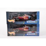 2x Hotwheels 1:18 scale Williams FW21 racing cars. RN5 Alessandro Zanardi and RN6 Ralf Schumacher.