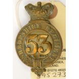 An OR’s 1874 pattern brass glengarry badge of The 53rd (Shropshire) Regt, Vic crown (512). GC (