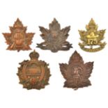 5 CEF infantry cap badges: 171st (lugs resoldered), 172nd, 173rd (173A), 175th (175B) and 176th.