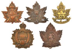 5 CEF infantry cap badges: 171st (lugs resoldered), 172nd, 173rd (173A), 175th (175B) and 176th.
