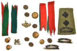 A N Rhodesia Regt cap/collar badge, pair Northern/Rhodesia titles, a numeral “16”, 2 large and 3