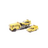 3 white metal AA models. A Hart Models Land Rover Discovery Mk1 in yellow livery with white flash to