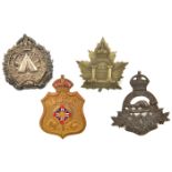 4 CEF cap badges: Valcartier Camp PQ (lugs resoldered), enamelled United Farmers of Alberta, Pay