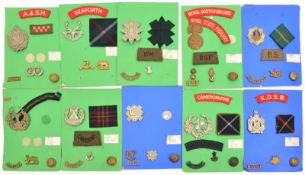 10 Scottish glengarry badges: R Scots, RSF, KOSB small, Cameronians large WM, Black Watch with