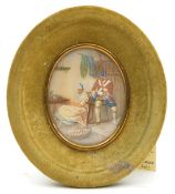 A miniature oil painting of a mid 18th century infantryman wearing mitre cap, seated on a table