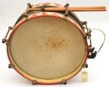 A post 1900 German “cheese” drum, red and white VanDyked hoops, brass body, metal braced, complete