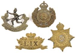 4 Militia cap badges: brass Vic 59th Stormont & Glengarry, brass KC 68th King’s County (lugs
