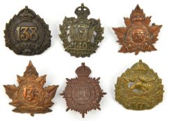 6 CEF infantry cap badges: 133rd, 136th (136A), 138th (138A), 139th, 140th and 141st. GC to VGC Part