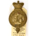 An OR’s 1874 pattern brass glengarry badge of The 98th Regt (574), brass lugs. GC Part I of the