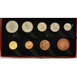 Britain: Proof set of coins 1950, halfcrown to farthing (9 coins), Unc in original card case (card