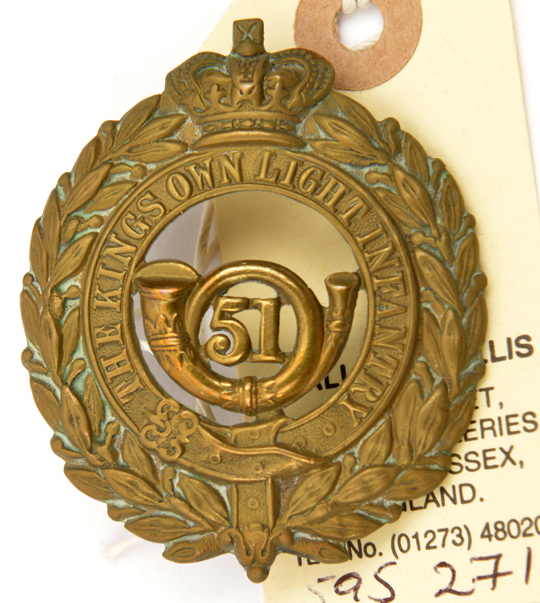 An OR’s 1874 pattern brass glengarry badge of The 51st “The King’s Own” Light Infantry Regt, crowned