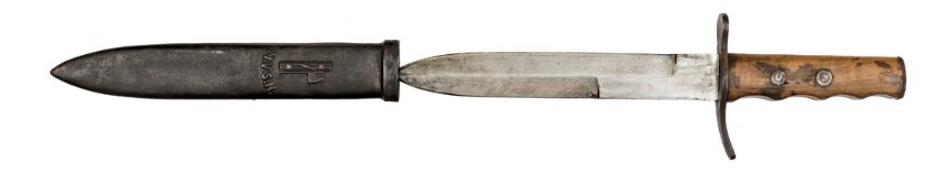 A scarce WWII Italian M.V.S.N. dagger, 8” blade steel crosspiece, rivetted wood grips. In its