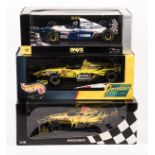 3x 1:18 scale F1 racing cars driven by Damon Hill. An Onyx Williams Renault in blue and white Elf