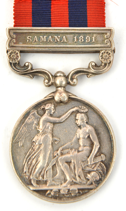 I.G.S. 1854 1 clasp Samana 1891, (192(3, Colour) Serjt G Simpson, 2nd Bn Manchester Regt), NVF,