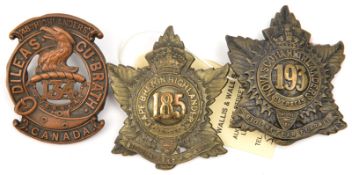 3 CEF infantry Scottish glengarry badges: 134th (134A), 185th (185A) and 193rd (one lug missing). GC