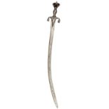 A late 18th cent Indian sword Pulouar, curved steeply sharpened blade 29”, with rounded back edge,