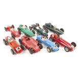 8x 1950s/60s plastic and tinplate F1 cars by ELM, Marx, Merit and Tomiyama. A friction drive