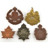 5 CEF infantry cap badges: 108th (108B), 109th, 111th (111A), 115th and 117th. GC to VGC Part I of