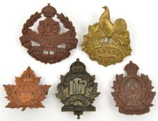 5 CEF infantry cap badges: 108th (108B), 109th, 111th (111A), 115th and 117th. GC to VGC Part I of