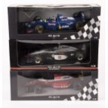 3 Pauls Model Art (Minichamps) 1:18 scale F1 racing cars. 2x GP series; Elf Ligier, O. Panis RN26