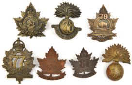 7 CEF infantry cap badges: 77th, 78th, 79th (brooch pin), 81st (81A), 82nd (lugs resoldered),