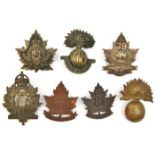 7 CEF infantry cap badges: 77th, 78th, 79th (brooch pin), 81st (81A), 82nd (lugs resoldered),