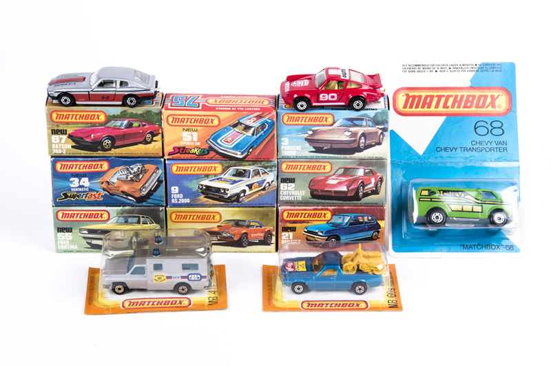 12 Matchbox 75/Superfast series. No1 Dodge Challenger. No3 Porsche Turbo. No9 Ford RS2000. No21