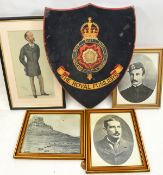 A wooden plaque painted with Royal Fusiliers crest, 18” x 15”; 3 reprints of Zulu War photos and