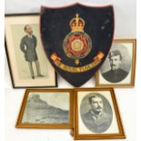 A wooden plaque painted with Royal Fusiliers crest, 18” x 15”; 3 reprints of Zulu War photos and