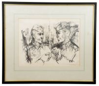 A well executed charcoal sketch of 2 Soviet infantrymen, head and shoulders, wearing forage caps
