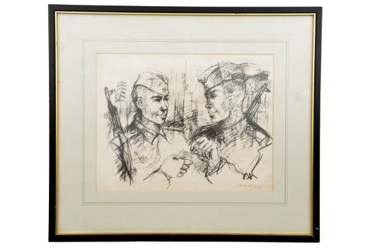 A well executed charcoal sketch of 2 Soviet infantrymen, head and shoulders, wearing forage caps