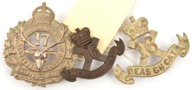 2 CEF infantry Scottish glengarry badges: WM 16th and 17th; officer’s bronze 16th collar. VGC (3)