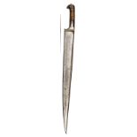 A good Khyber knife, SE blade 22”, with decorative brass binding at the base of the hilt, horn