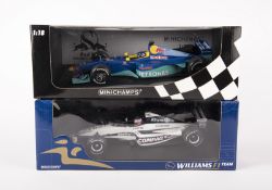 2 Minichamps 1:18 scale F1 racing cars. A Williams BMW FW22, RN10, in white and dark blue livery,