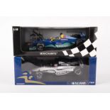 2 Minichamps 1:18 scale F1 racing cars. A Williams BMW FW22, RN10, in white and dark blue livery,