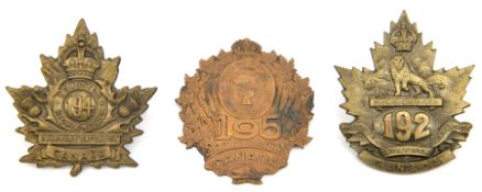 3 CEF infantry cap badges: 192nd, 194th and 195th (lugs missing). GC Part I of the Collection of the
