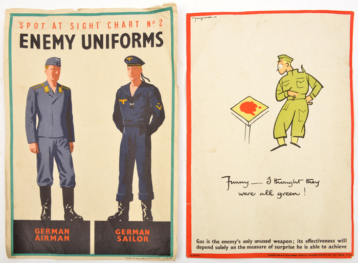2 WWII A1 posters: “Spot at Sight Chart No 2 - Enemy Uniforms” showing German airman and sailor, and
