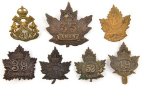7 CEF infantry cap badges: 35th (35A), 39th (39A one lug missing), 46th (46A lugs AF), 49th (49 A