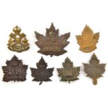 7 CEF infantry cap badges: 35th (35A), 39th (39A one lug missing), 46th (46A lugs AF), 49th (49 A