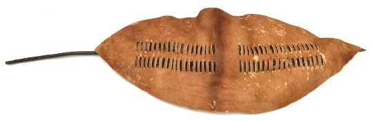 A Zulu shield Ishilangu, 49” x 21”, brown hair. GC (few worn patches)