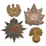 4 Militia headdress badges: Vic 2nd Q O Rifles puggaree with brooch pin, blackened 3rd Victoria