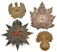 4 Militia headdress badges: Vic 2nd Q O Rifles puggaree with brooch pin, blackened 3rd Victoria