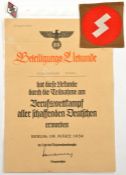 A Third Reich Hitler Youth printed Beteiligungs Urkunde (document), typed “Ortsbester” in top left