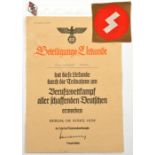 A Third Reich Hitler Youth printed Beteiligungs Urkunde (document), typed “Ortsbester” in top left