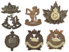 7 Canadian cap/glengarry badges: 16th Light Horse (lugs missing), Cape Breton Highlanders, Peel &