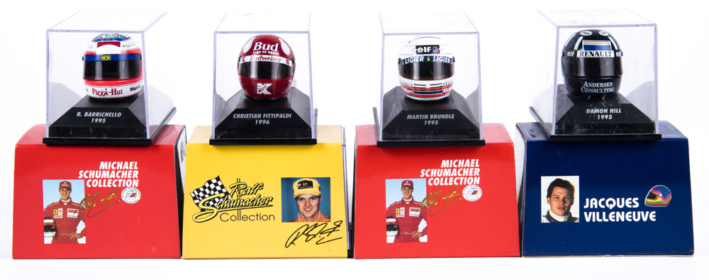 17 Pauls Model Art Helmet Collection racing driver’s helmets. 2x Rubens Barrichello 1995 & 1996.
